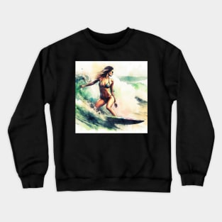 Woman surfing in a bikini Crewneck Sweatshirt
